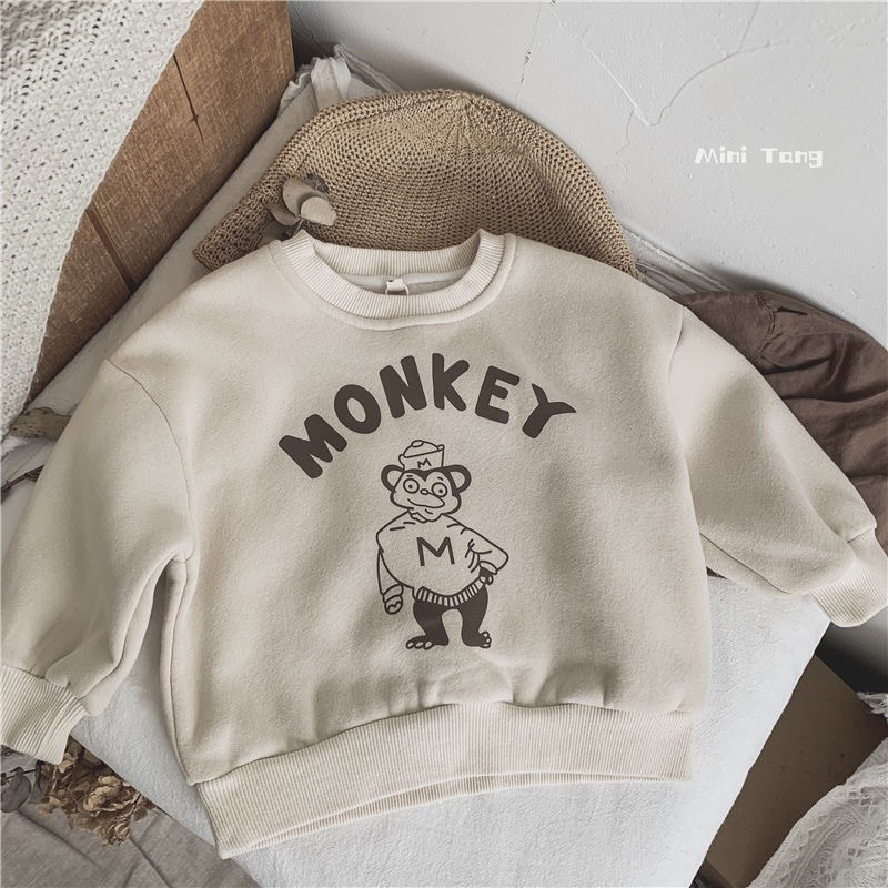 Áo sweater nỉ chui đầu nhung trẻ em phiên bản Hàn Quốc dành cho bé trai bé gái chữ in monkey dễ thương mới thu đông 2023