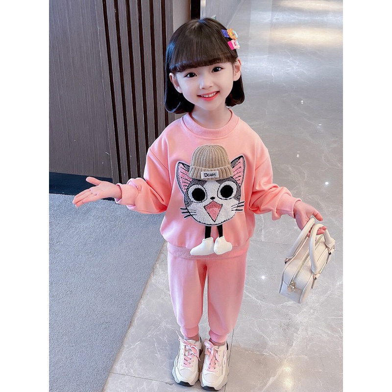 Bộ mèo đội mũ len bé gái