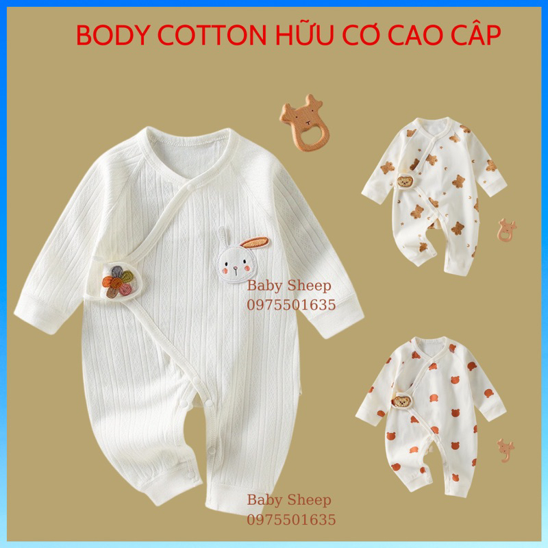 Body vạt chéo buộc dây dài tay chân chất cotton organic cho bé trai bé gái hàng QCCC