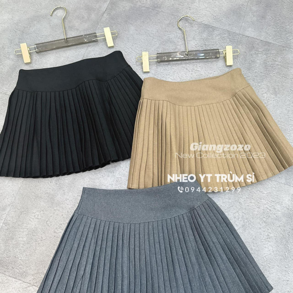 Chân váy cạp cao xếp ly dáng ngắn 3 màu