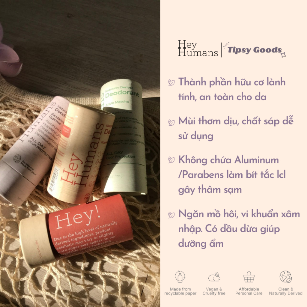 Lăn Khử Mùi Hữu Cơ Hey Humans 100% Thành Phần Tự Nhiên Không Gây Thâm Khô Sần Vùng Da Dưới Cánh Tay