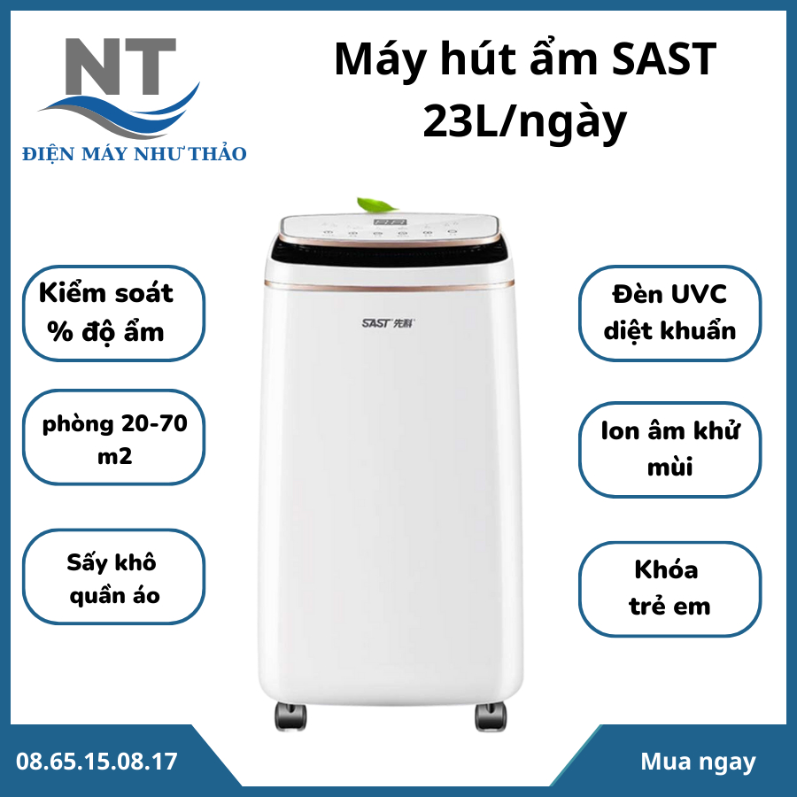 Máy hút ẩm SAST 23L/ngày - phòng lớn tới 70m2, tích hợp đèn UVC diệt khuẩn, ion âm khử mùi hiện đại