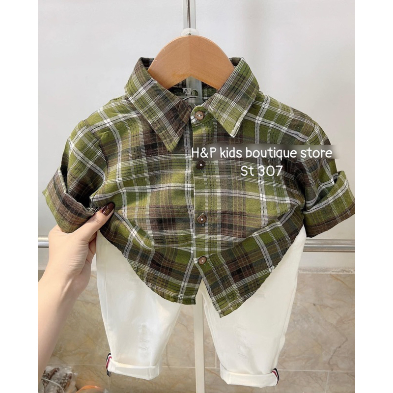 Set bộ sơ mi kẻ và quần bò mềm co giãn cho bé trai