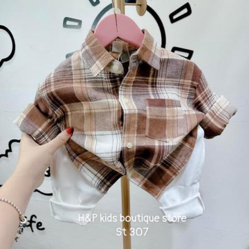 Set bộ sơ mi kẻ và quần bò mềm co giãn cho bé trai