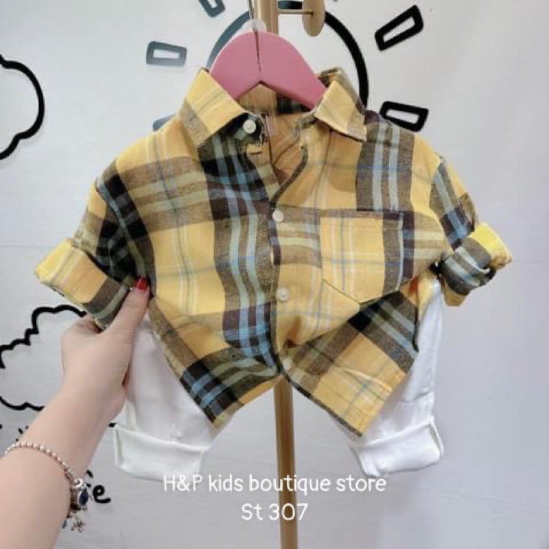 Set bộ sơ mi kẻ và quần bò mềm co giãn cho bé trai