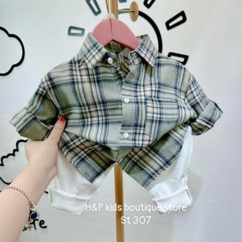 Set bộ sơ mi kẻ và quần bò mềm co giãn cho bé trai