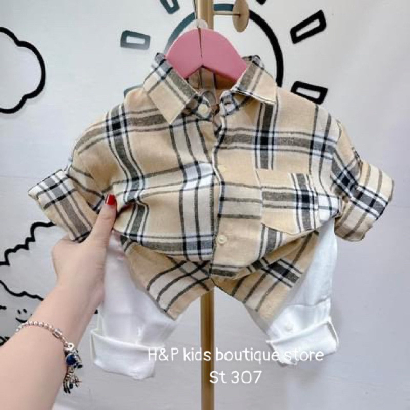 Set bộ sơ mi kẻ và quần bò mềm co giãn cho bé trai