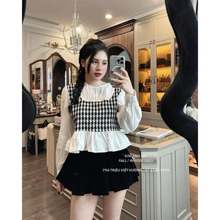 Áo dạ kẻ pha sơ mi dáng peplum - kimanhbui