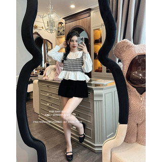 ÁO DẠ KẺ PHA SƠ MI DÁNG PEPLUM - kimanhbui