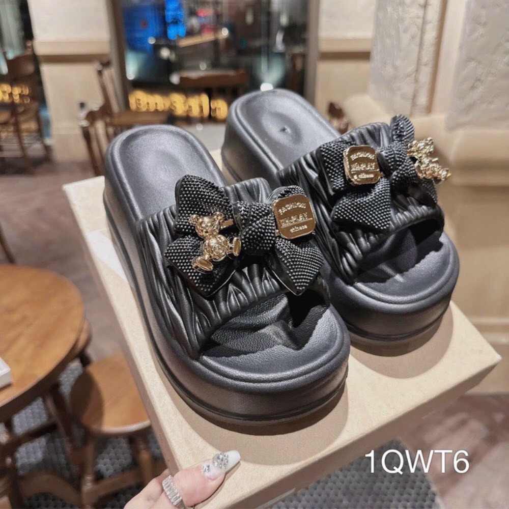 Dép Quai Ngang Phối Nơ Lainiki Đế Cao Su Dày 4-5Cm SIêu Thời Trang 6108