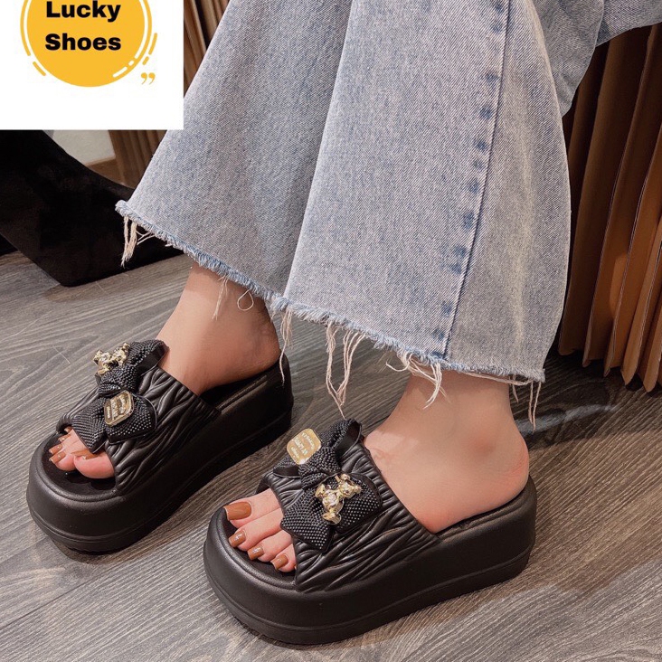 Dép Quai Ngang Phối Nơ Lainiki Đế Cao Su Dày 4-5Cm SIêu Thời Trang 6108
