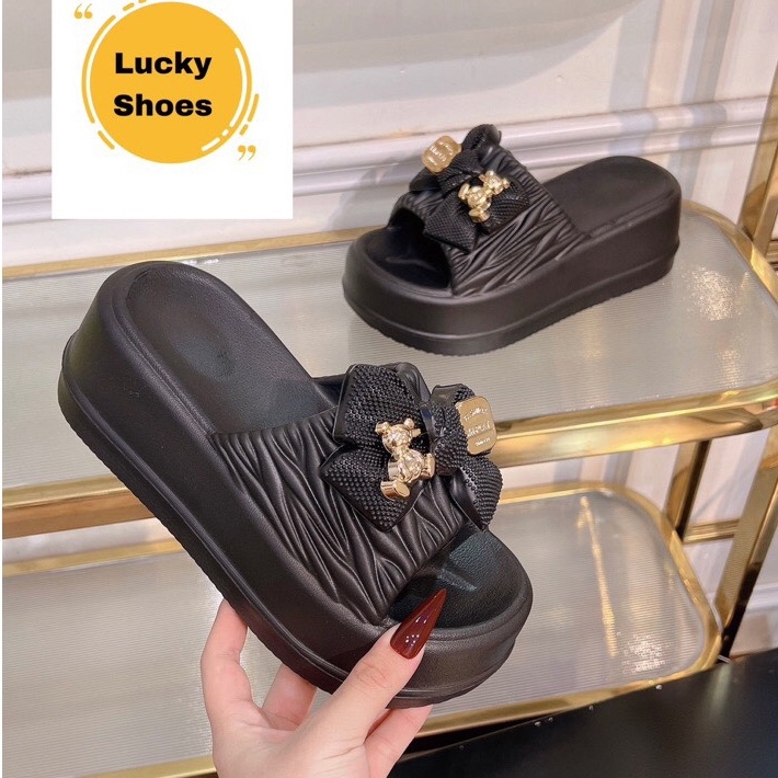 ( Lên 1 size ) Dép Quai Ngang Phối Nơ Lainiki Đế Cao Su Dày 4-5Cm SIêu Thời Trang 6108