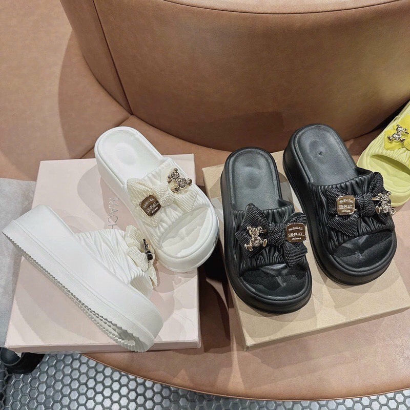 Dép Quai Ngang Phối Nơ Lainiki Đế Cao Su Dày 4-5Cm SIêu Thời Trang 6108