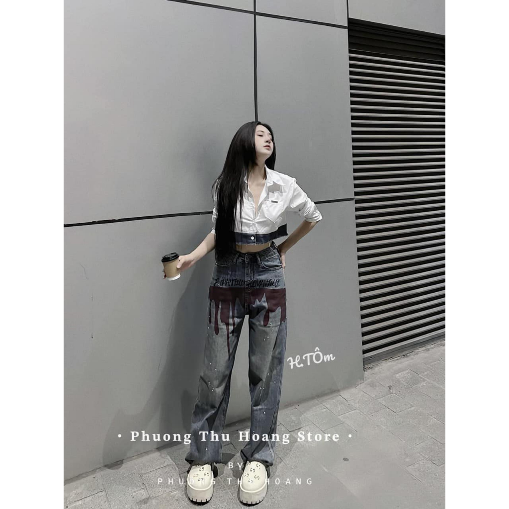 Áo sơ mi dáng croptop phối viền bò dài tay