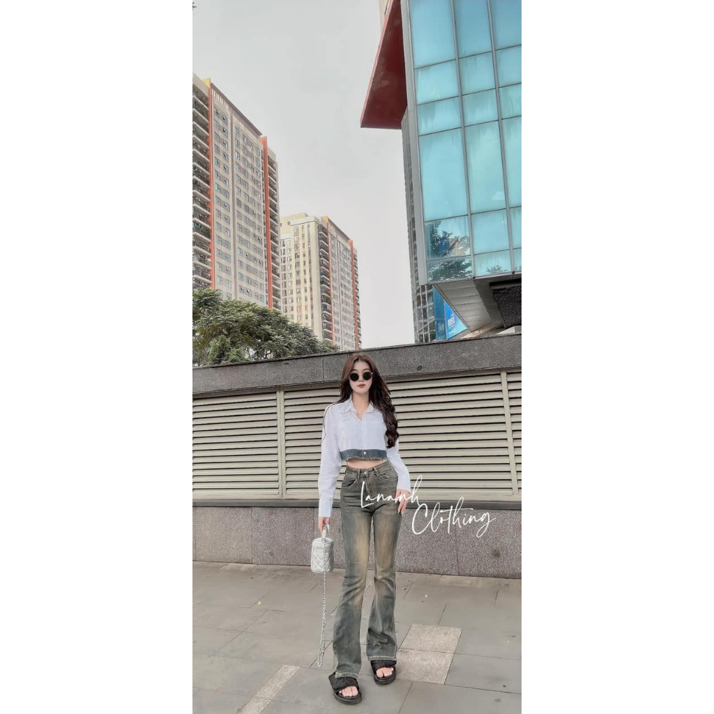 Áo sơ mi dáng croptop phối viền bò dài tay