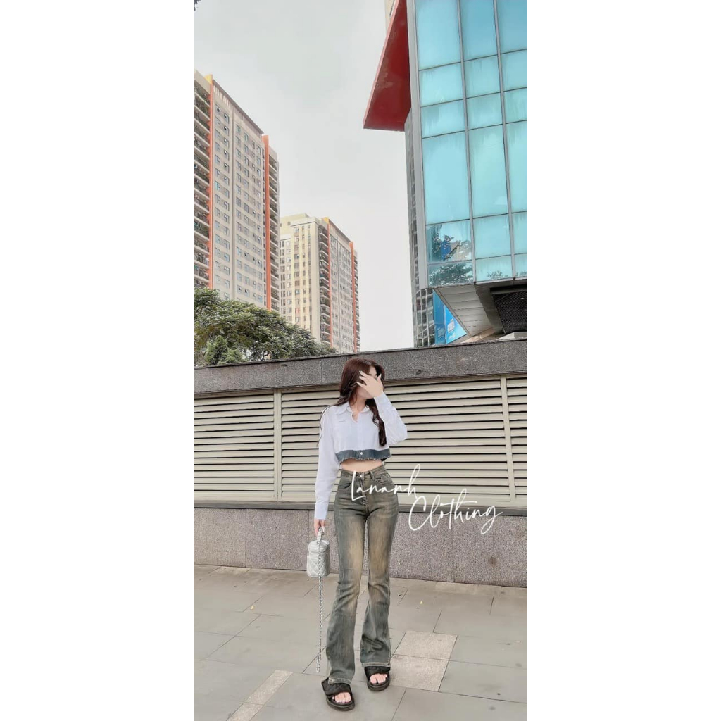 Áo sơ mi dáng croptop phối viền bò dài tay