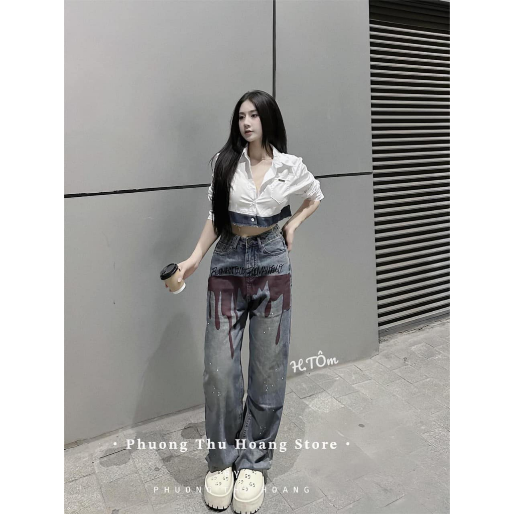 Áo sơ mi dáng croptop phối viền bò dài tay
