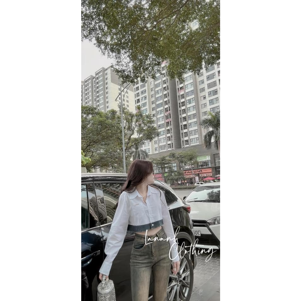 Áo sơ mi dáng croptop phối viền bò dài tay