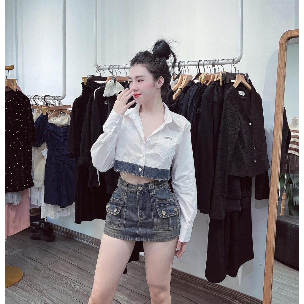 Áo sơ mi dáng croptop phối viền bò dài tay