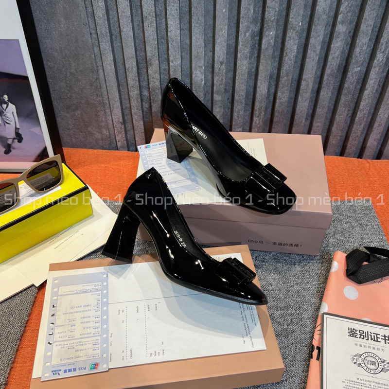 Giày cao gót nơ ngang da bóng mũi vuông gót trụ fullbox hàng quảng châu cao cấp