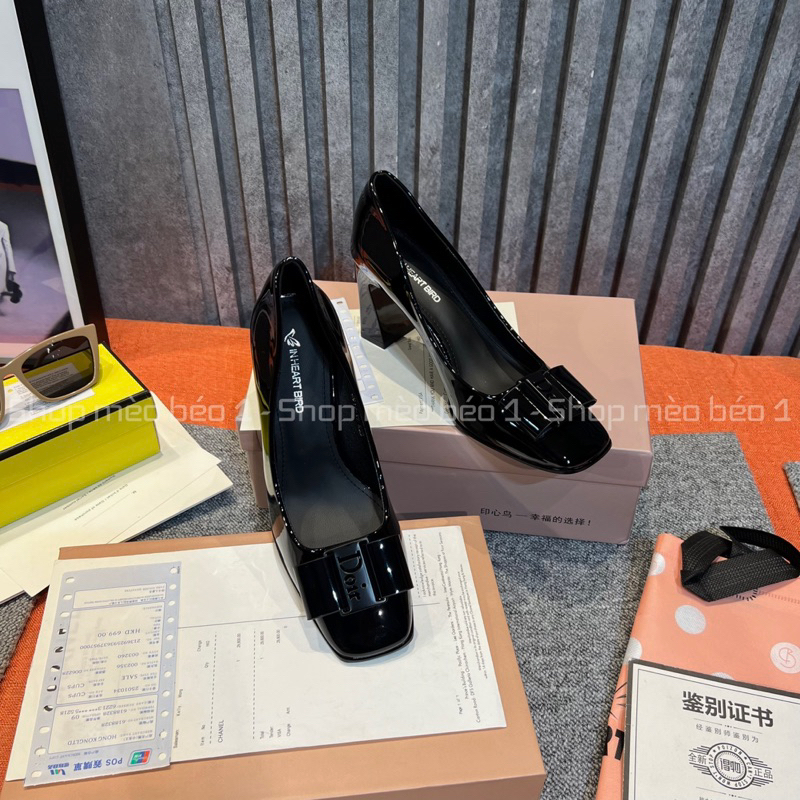 Giày cao gót nơ ngang da bóng mũi vuông gót trụ fullbox hàng quảng châu cao cấp