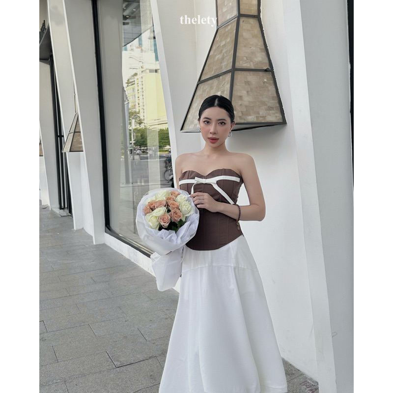 Áo Corset Rút Dây Thắt Nơ Màu Nâu MIMI CORSET BROWNIE | 𝐭𝐡𝐞𝐥𝐞𝐭𝐲
