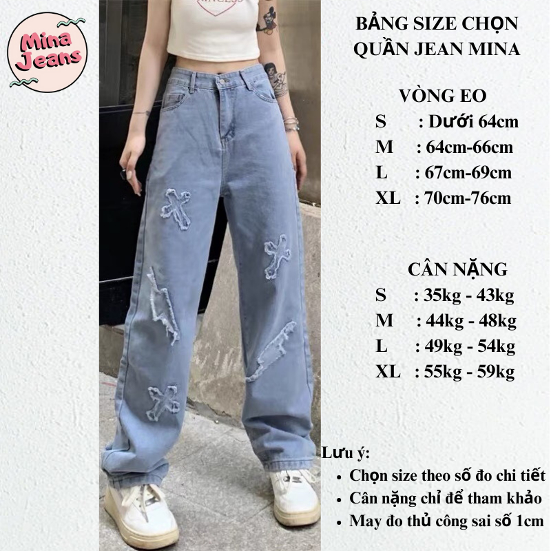 Quần Jean Chữ thập Đen ống suông rộng CẠP CAO MINA JEANS, Quần bò nam Thánh giá phom rộng kiểu dáng Unisex Hottrend 2023