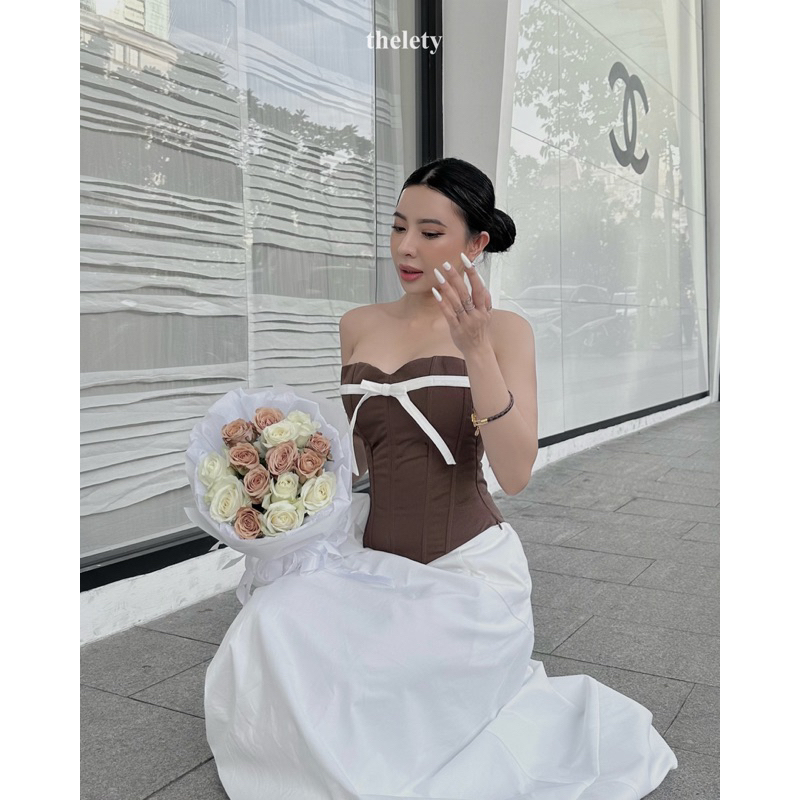 Áo Corset Rút Dây Thắt Nơ Màu Nâu MIMI CORSET BROWNIE | 𝐭𝐡𝐞𝐥𝐞𝐭𝐲