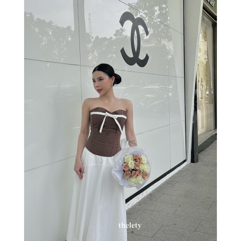 Áo Corset Rút Dây Thắt Nơ Màu Nâu MIMI CORSET BROWNIE | 𝐭𝐡𝐞𝐥𝐞𝐭𝐲