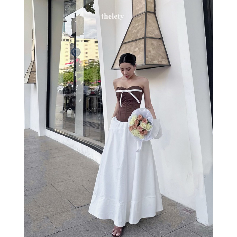 Áo Corset Rút Dây Thắt Nơ Màu Nâu MIMI CORSET BROWNIE | 𝐭𝐡𝐞𝐥𝐞𝐭𝐲