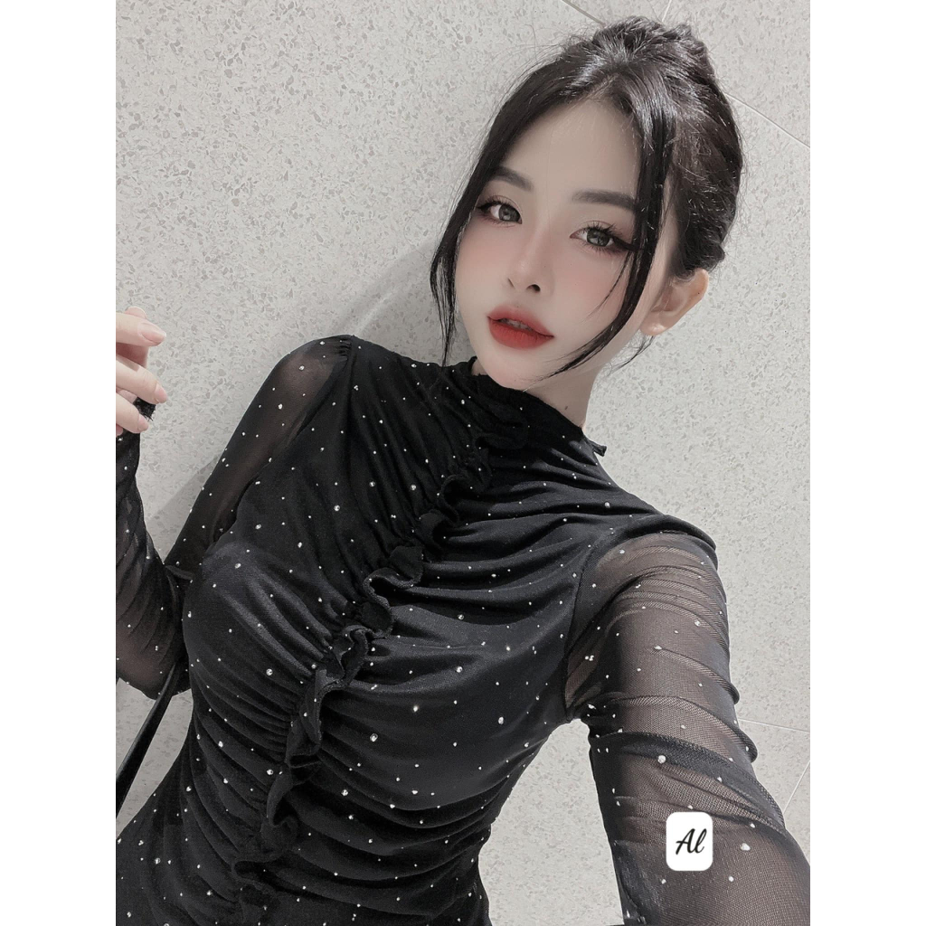 Áo lưới mềm đính đá rúm dài tay