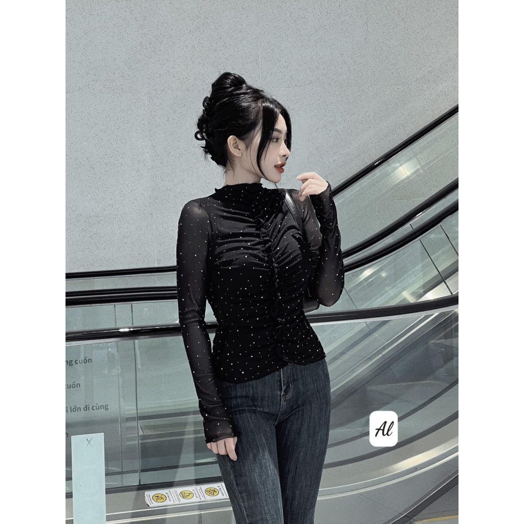 Áo lưới mềm đính đá rúm dài tay
