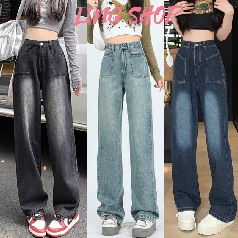 Quần Jean nữ ống rộng CẠP CAO LingShop, Quần Bò jeans nữ đen xám phong cách Retro Ulzzang 2023