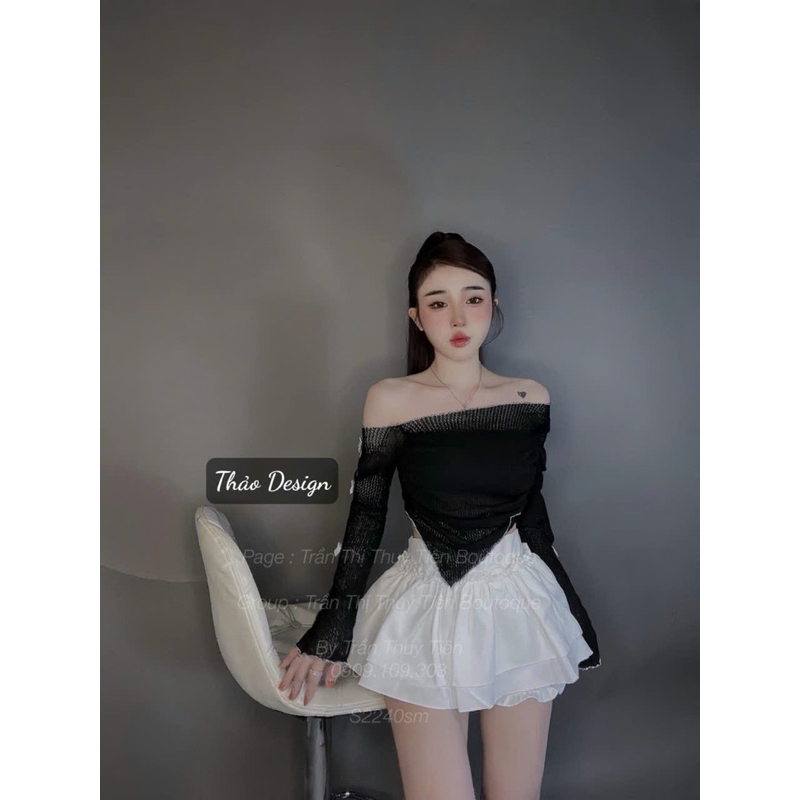 SET ÁO LEN LỆCH VAI ĐÍNH NƠ TAY DÀI VẠT NHỌN PHỐI CHÂN VÁY TẦNG