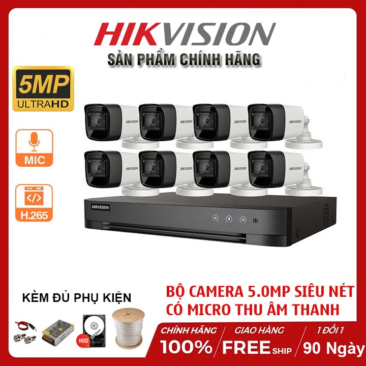 Bộ Camera giám sát HIKVISION 5.0MP [2K] Có Micro thu âm Chính hãng, Ổ cứng HDD, đầy đủ phụ kiện, BH 24Th