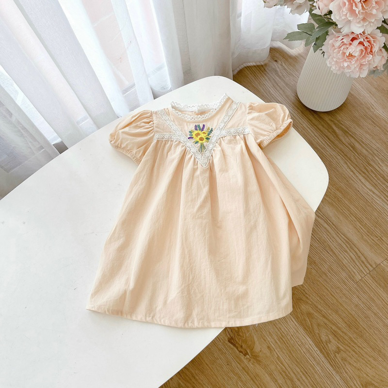 Váy cộc tay cho bé gái dáng babydoll thêu hoa hướng dương