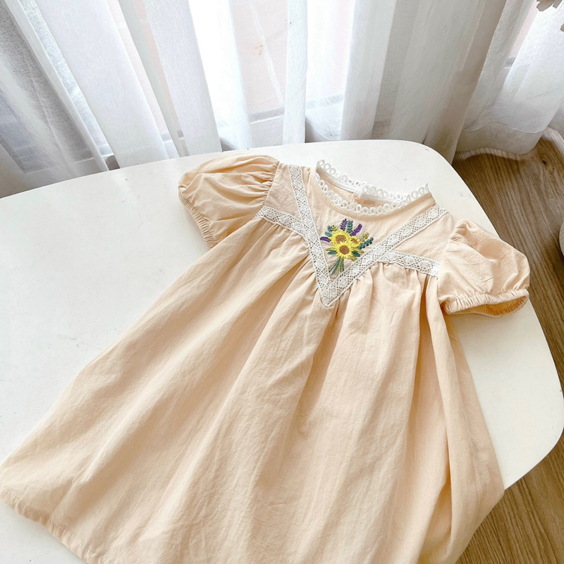 Váy cộc tay cho bé gái dáng babydoll thêu hoa hướng dương