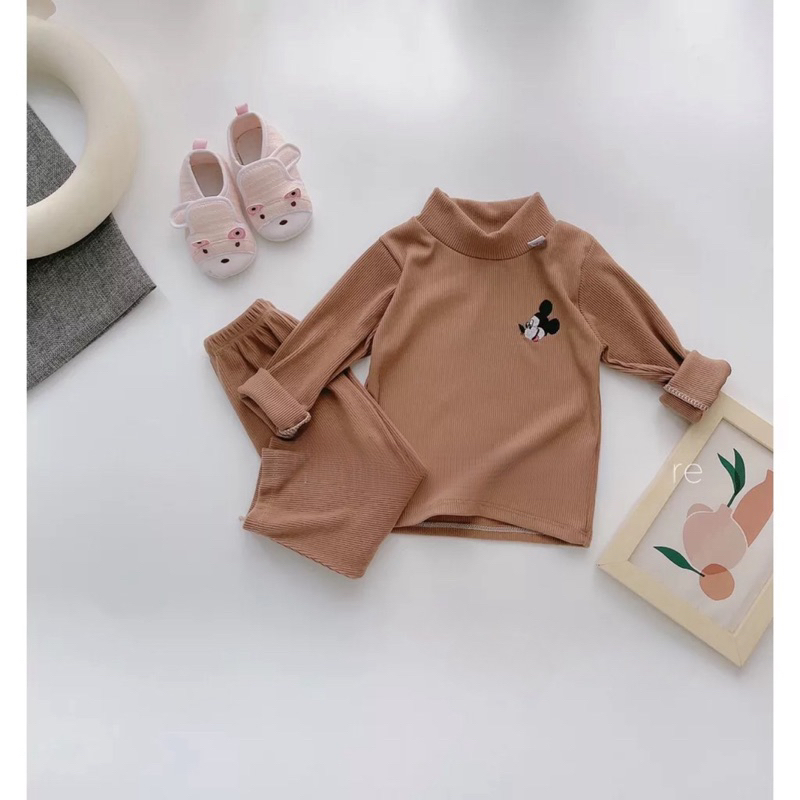 Bộ thu đông bé gái, bé trai, bộ quần áo dài tay cổ 3 phân chất nhung tăm mềm mại thêu Mickey cho bé