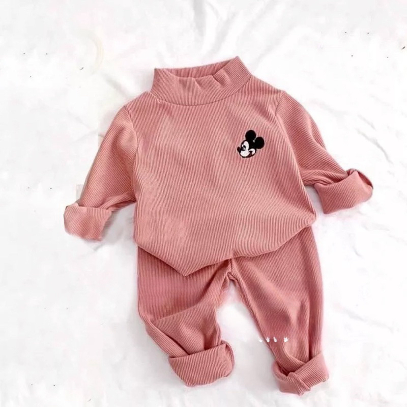 Bộ thu đông bé gái, bé trai, bộ quần áo dài tay cổ 3 phân chất nhung tăm mềm mại thêu Mickey cho bé