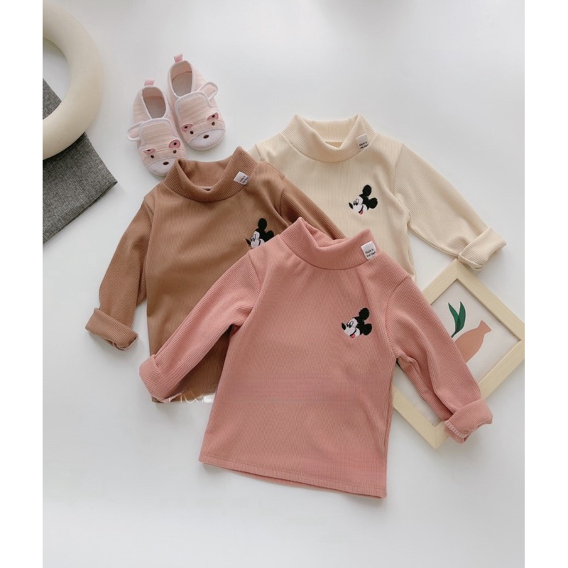 Bộ thu đông bé gái, bé trai, bộ quần áo dài tay cổ 3 phân chất nhung tăm mềm mại thêu Mickey cho bé
