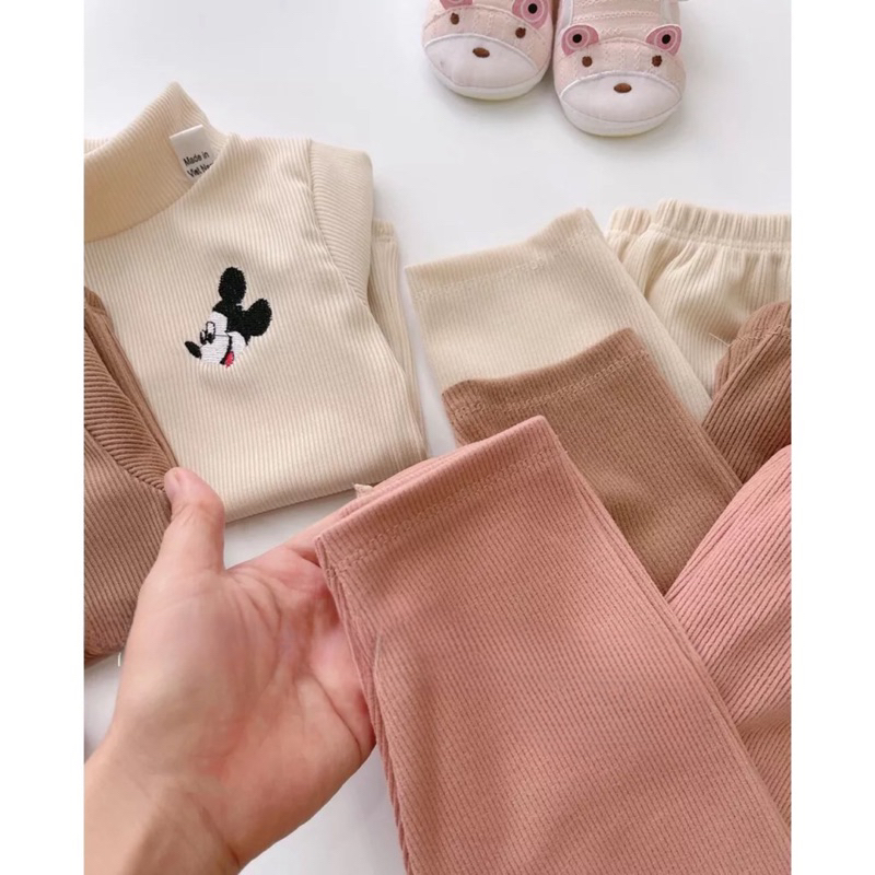 Bộ thu đông bé gái, bé trai, bộ quần áo dài tay cổ 3 phân chất nhung tăm mềm mại thêu Mickey cho bé
