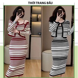 Set đầm váy len thu đông quảng châu-đầm bầu thiết kể kẻ ngang váy 2 dây kèm áo khoác ngoài sang chảnh fresize