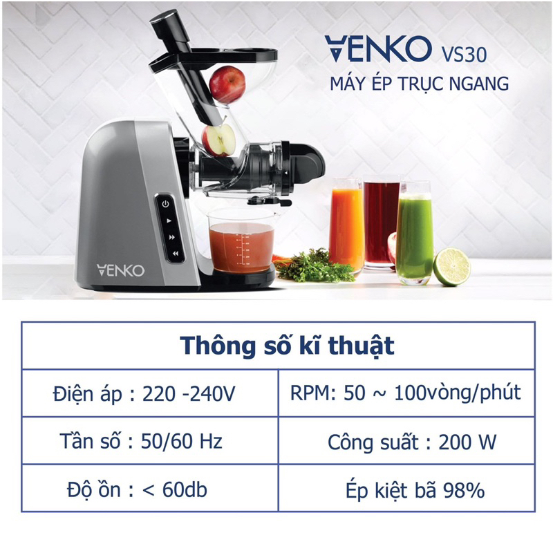 Máy ép chậm venko vs30 máy ép trái cây venko trục ngang ép khoẻ kiệt bã  Bh 12 tháng