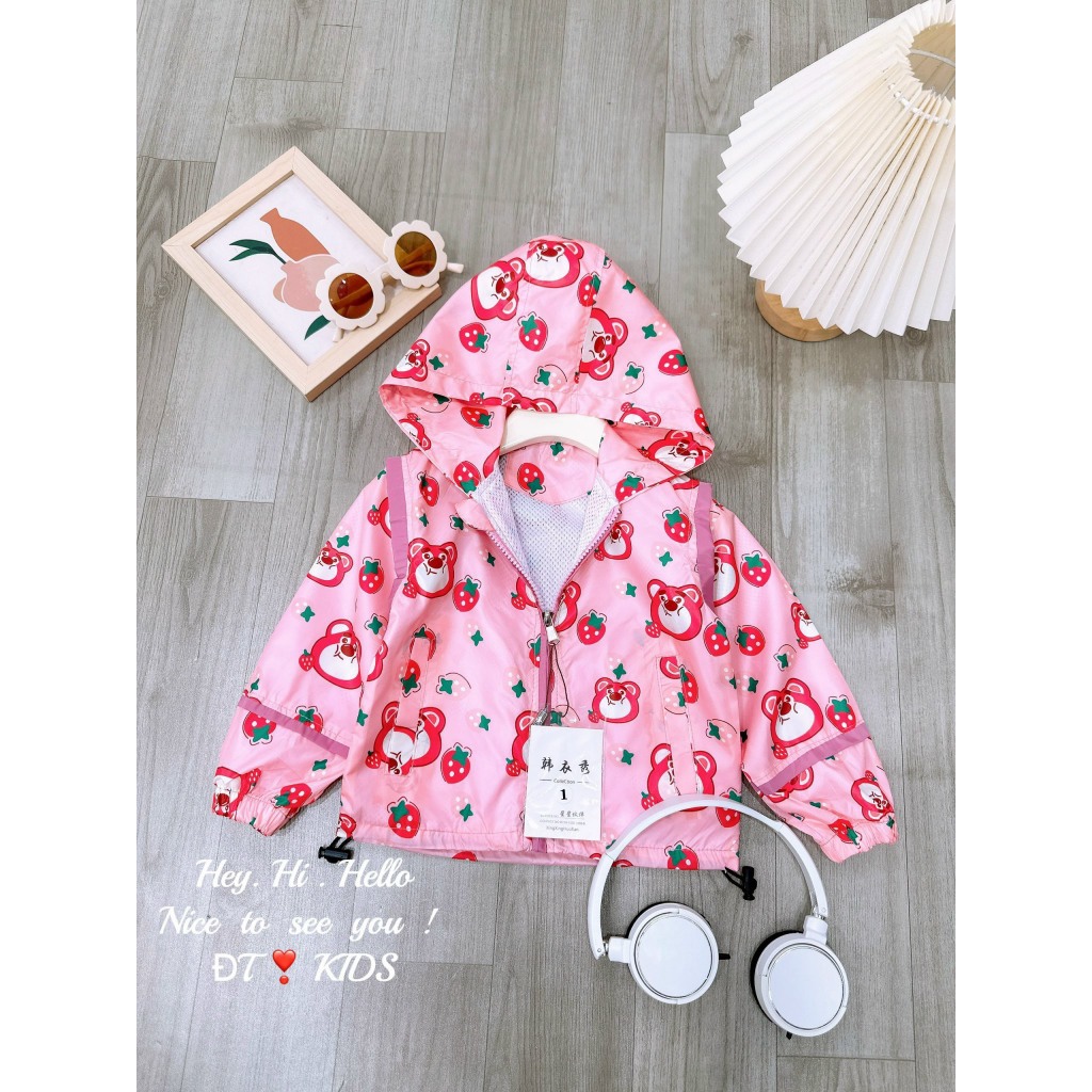 Áo khoác trẻ em- áo gió gấu dâu lotso xinh xắn cho bé gái 8-28kg