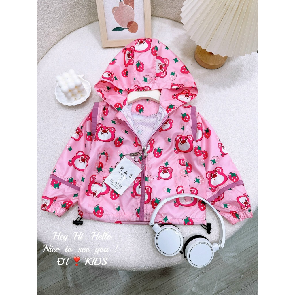 Áo khoác trẻ em- áo gió gấu dâu lotso xinh xắn cho bé gái 8-28kg