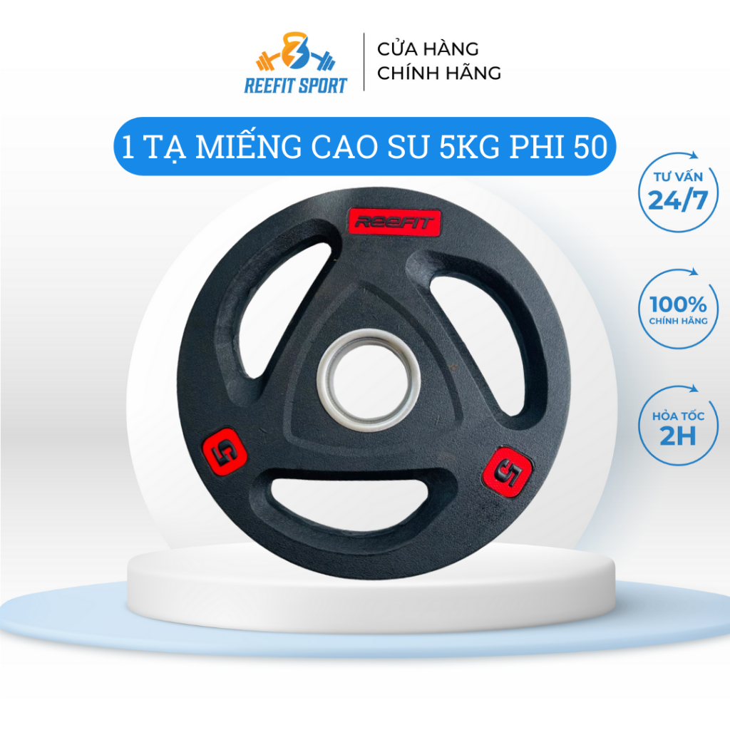 Tạ miếng tạ bánh cao su 3 lỗ Reefit 5kg phi 50 màu đen