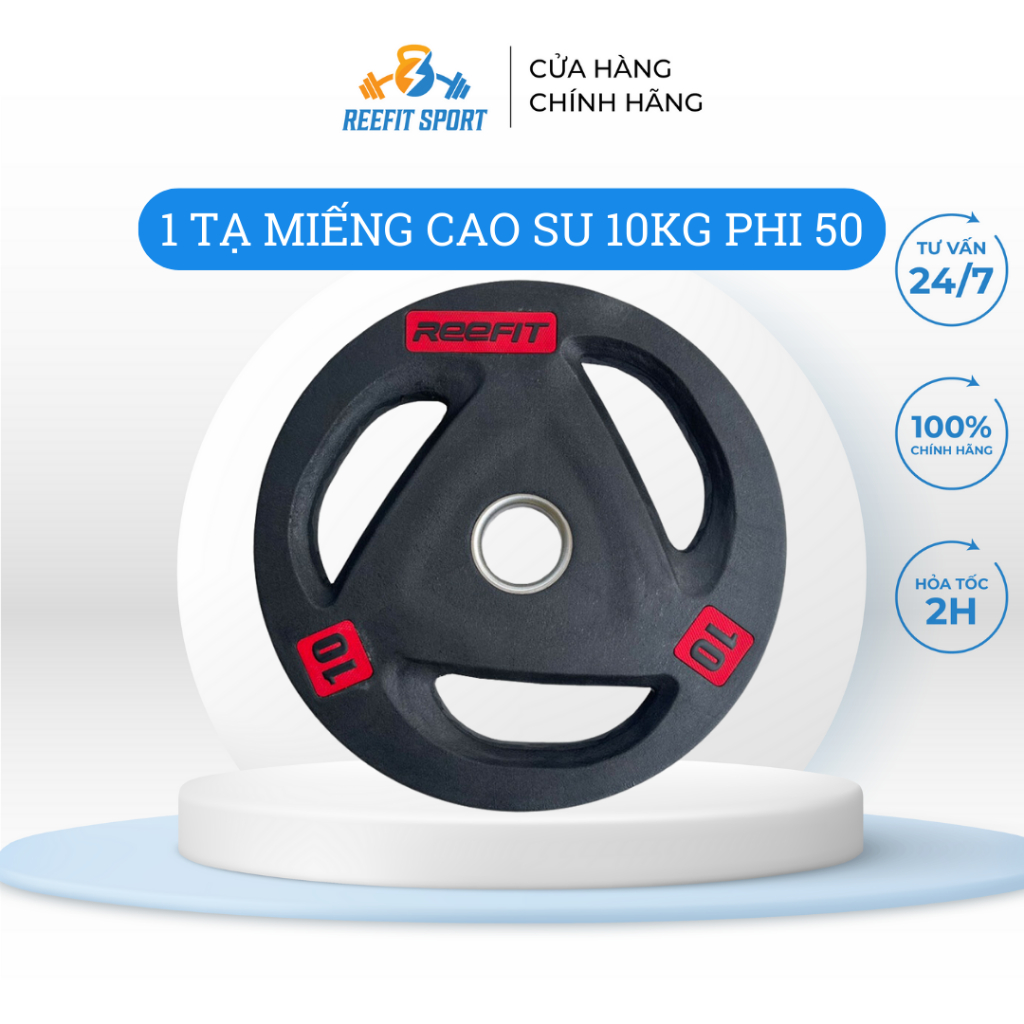 Tạ miếng tạ bánh cao su 3 lỗ Reefit 10kg phi 50 màu đen