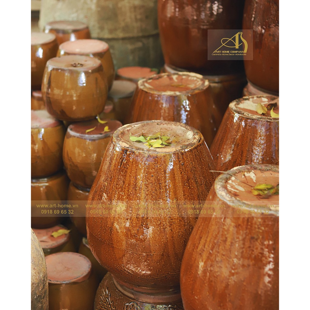 Lu  gốm sành, men da lươn, có họa tiết rồng phượng, trang trí sân vườn, đựng nước, đựng nước, trồng sen, cao 42cm