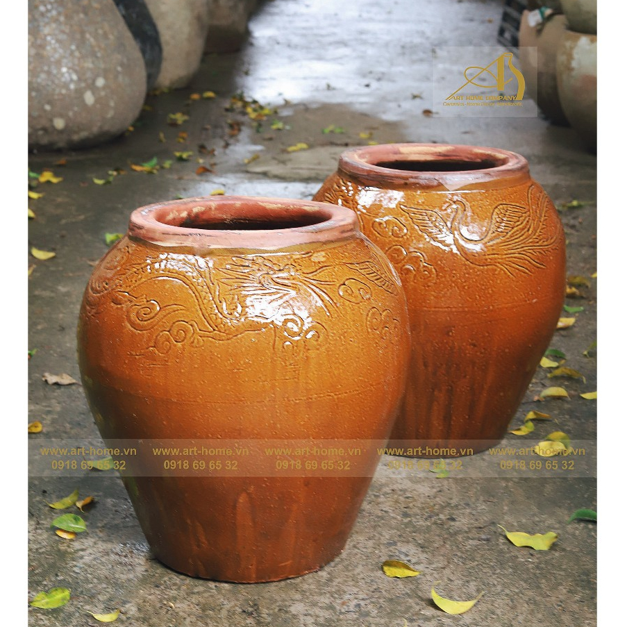 Lu  gốm sành, men da lươn, có họa tiết rồng phượng, trang trí sân vườn, đựng nước, đựng nước, trồng sen, cao 42cm