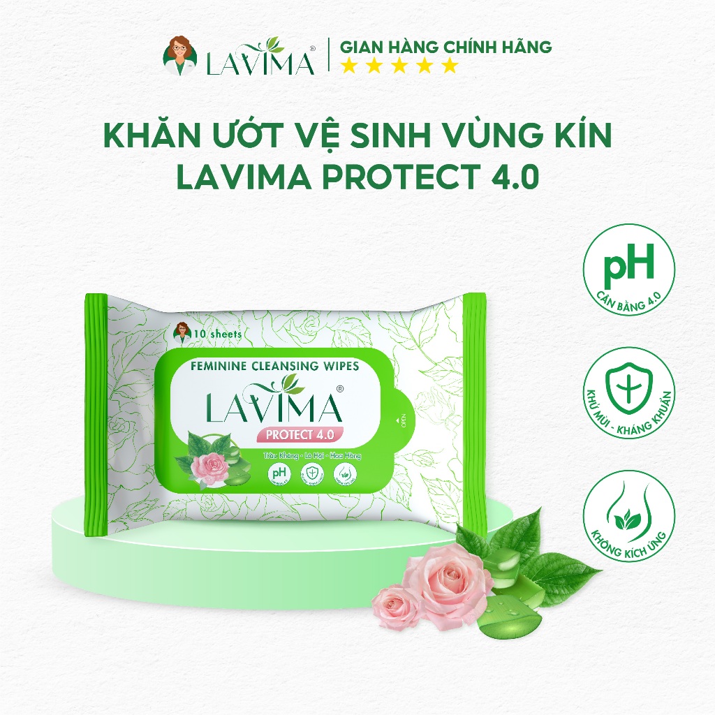 (Quà tặng không bán) Khăn ướt vùng kín LAVIMA PROTECT 4.0 gói 10 miếng